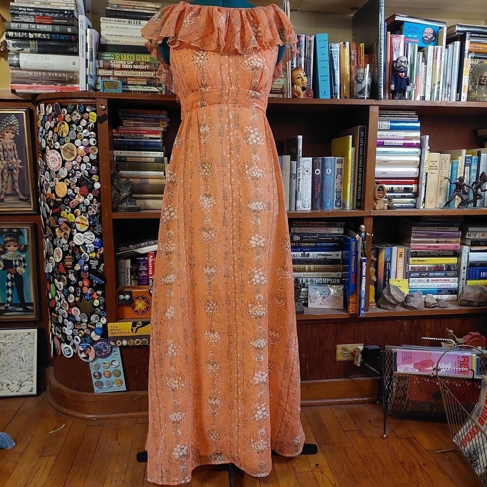 Vintage Frankie Welch 70s Floral Empire‎ Waist Ruffle Maxi Dress Peach XXS